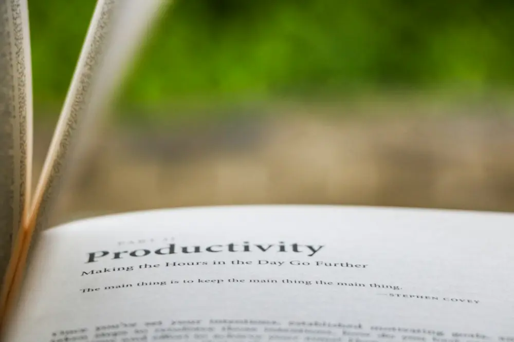 Selective focus photography of Productivity printed book, illustrating AI and productivity